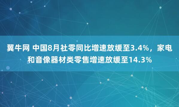 翼牛网 中国8月社零同比增速放缓至3.4%，家电和音像器材类零售增速放缓至14.3%